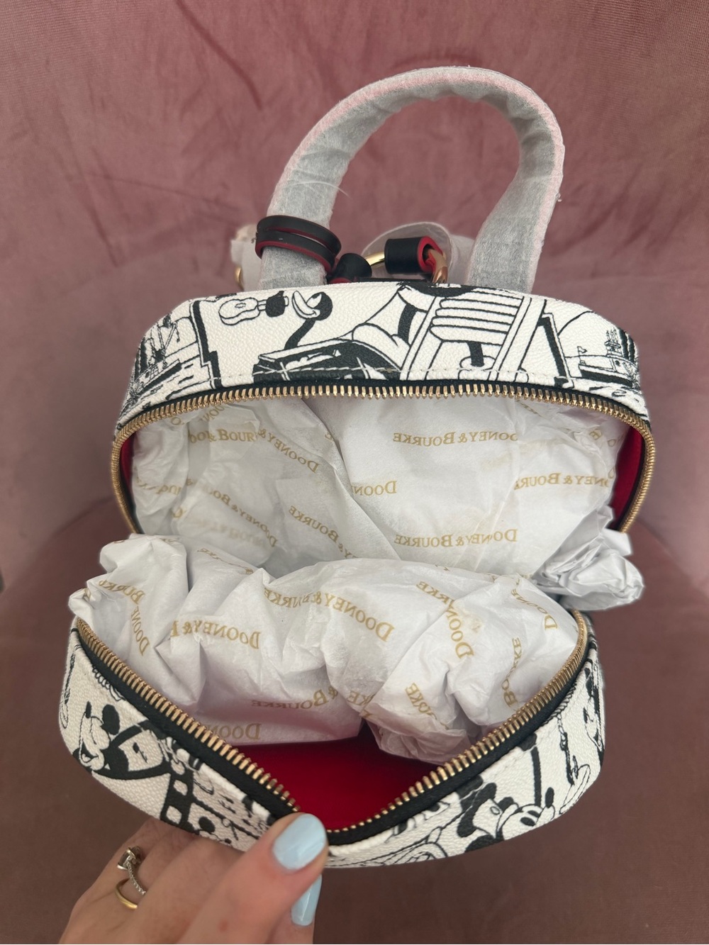 Disney Dooney and Bourke Black & White Cartoon Print Mini Backpack with Red Trim - Picture 5 of 6